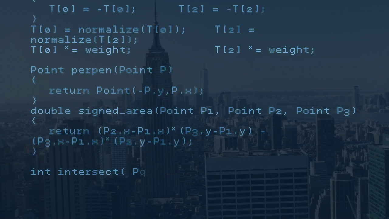 Computer code animation over cityscape background