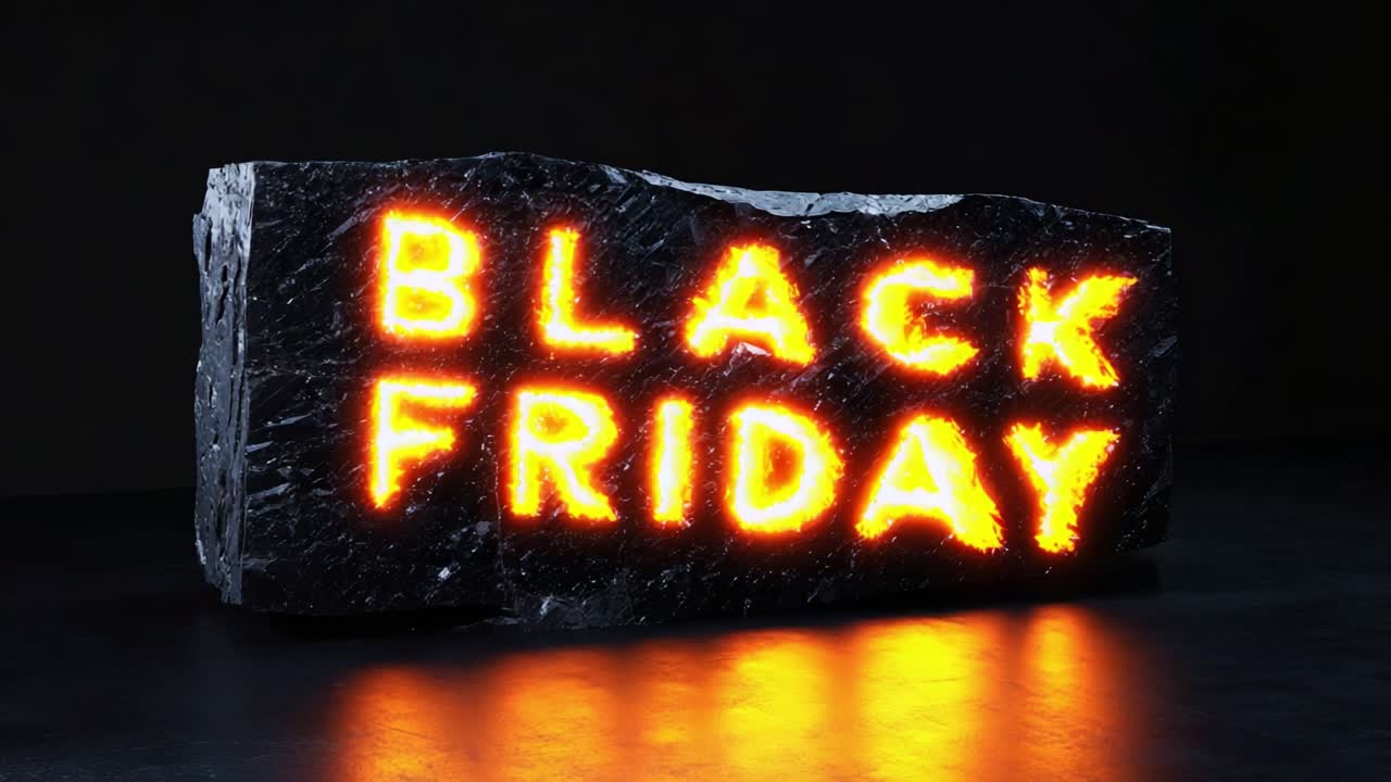 Captivating Visual Representation of Black Friday Prominently Displayed on a Textured Dark Stone, Highlighted by Fiery Orange Glow, Signifying Deals and Discounts Ahead