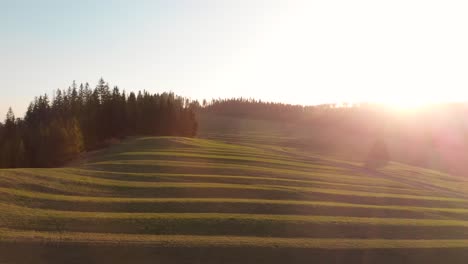 rising aerial drone view over hilly landscape at sunset with country road and forest in distance