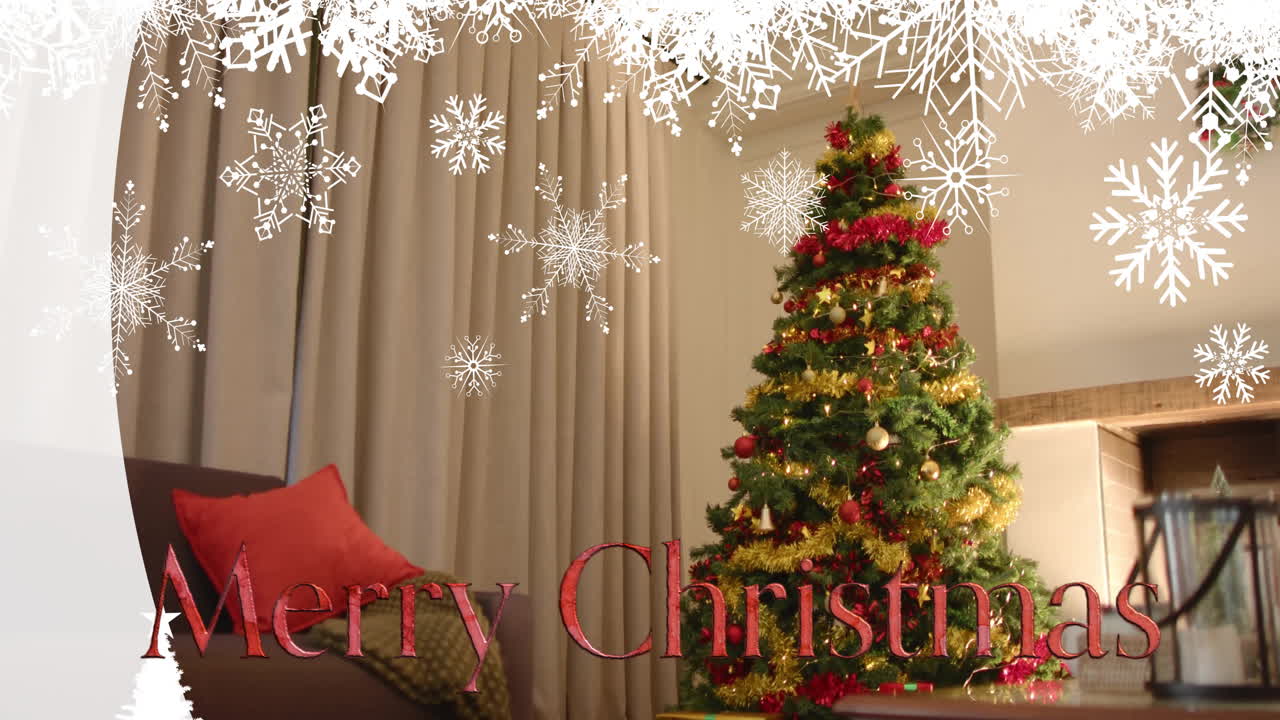 Animation of merry christmas text over snow and christmas tree