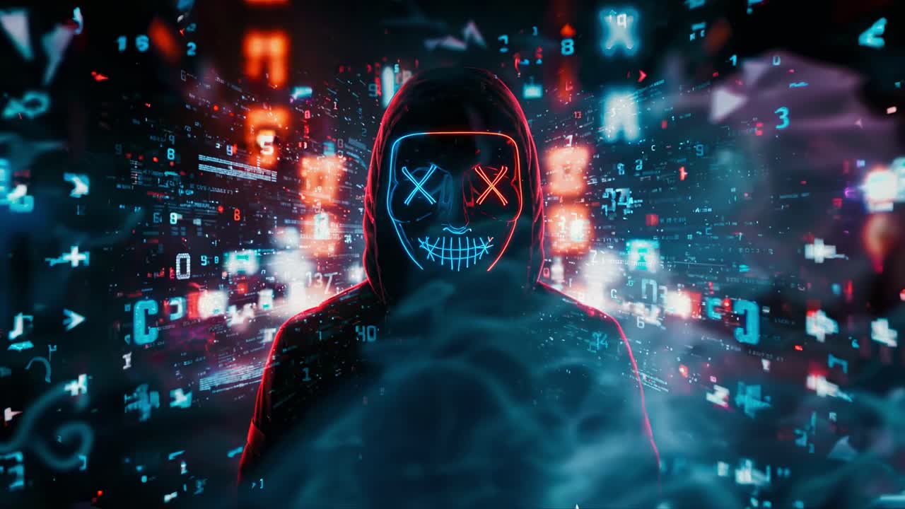 Mysterious figure with neon mask stands in a digital landscape filled with glowing symbols and codes at night