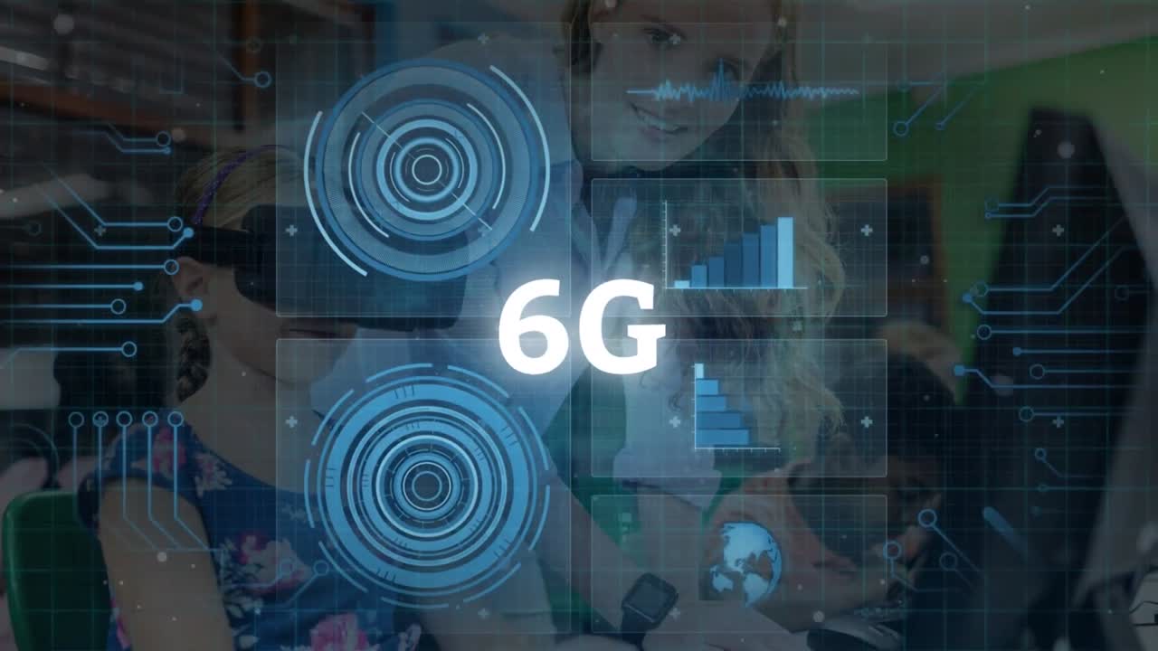 animación de 6g de procesamiento de texto y datos sobre el maestro y la escolar usando computadora y vr