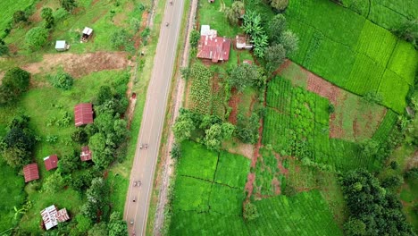 Tráfico-A-Lo-Largo-De-La-Carretera-Rural-Que-Pasa-Por-Plantaciones-En-El-Pueblo-De-Las-Tierras-Altas-En-Kenia,-áfrica-Oriental