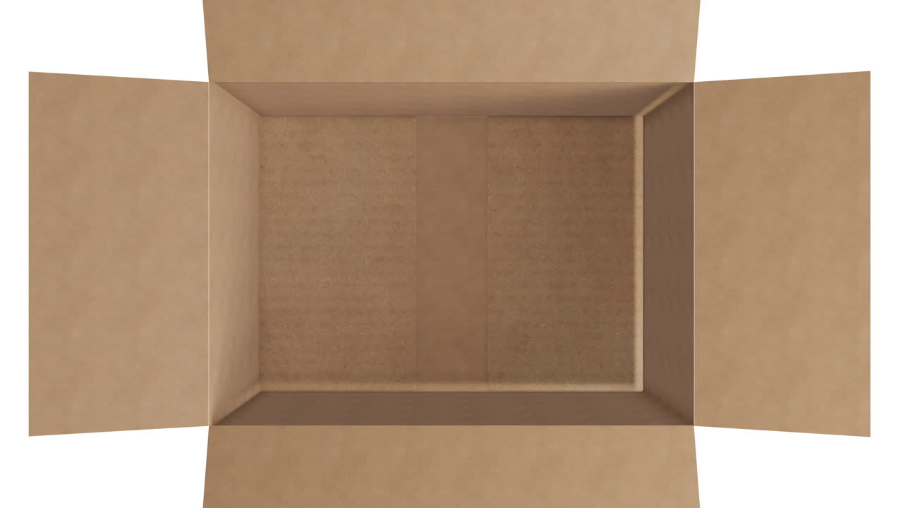 Overhead of empty brown cardboard box with lid opening on white background