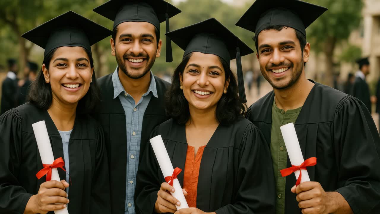A joyful group of graduates in caps and gowns, holding diplomas