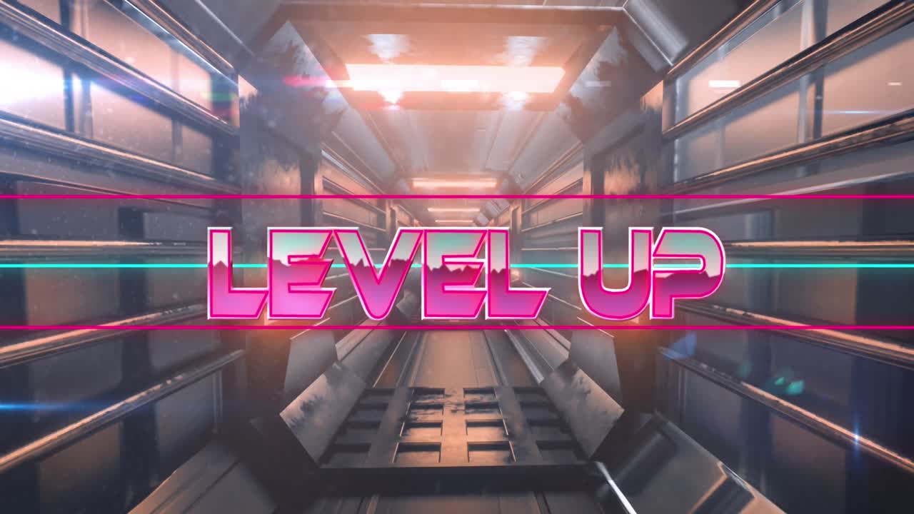 무결한 패턴으로 회색 터널에 대한 레벨 업 텍스트 배너의 애니메이션