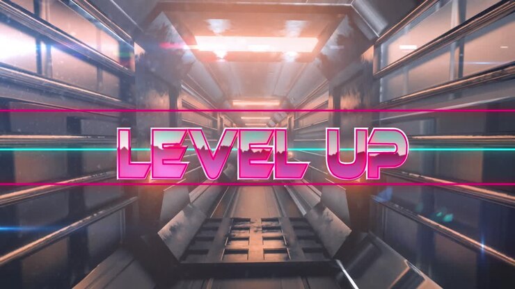 Animazione di banner di testo 'level up' su sfondo di tunnel grigio in un pattern continuo