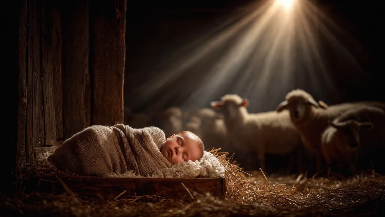A Serene Scene of a Peaceful Infant Wrapped in a Soft Blanket Nestled in Straw, Surrounded by Gentle Sheep in a Dimly Lit Stable Setting