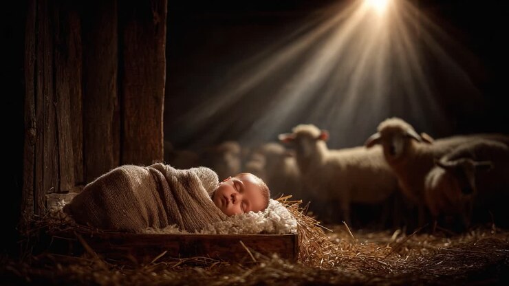 A Serene Scene of a Peaceful Infant Wrapped in a Soft Blanket Nestled in Straw, Surrounded by Gentle Sheep in a Dimly Lit Stable Setting