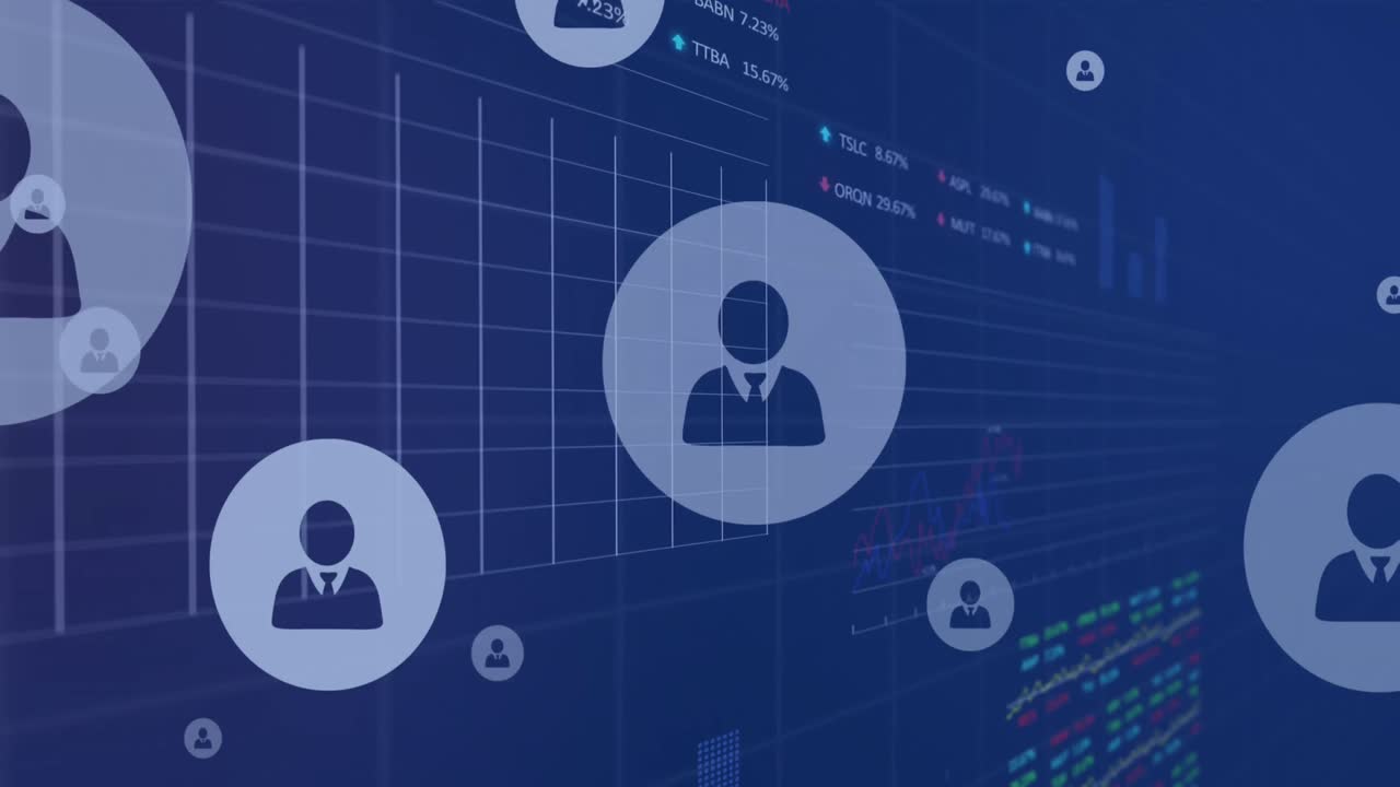 animación del procesamiento de datos financieros e íconos sobre fondo azul.