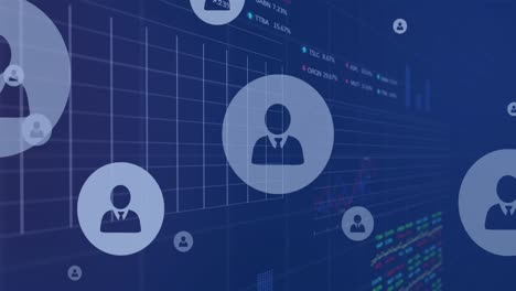 animación del procesamiento de datos financieros e íconos sobre fondo azul.