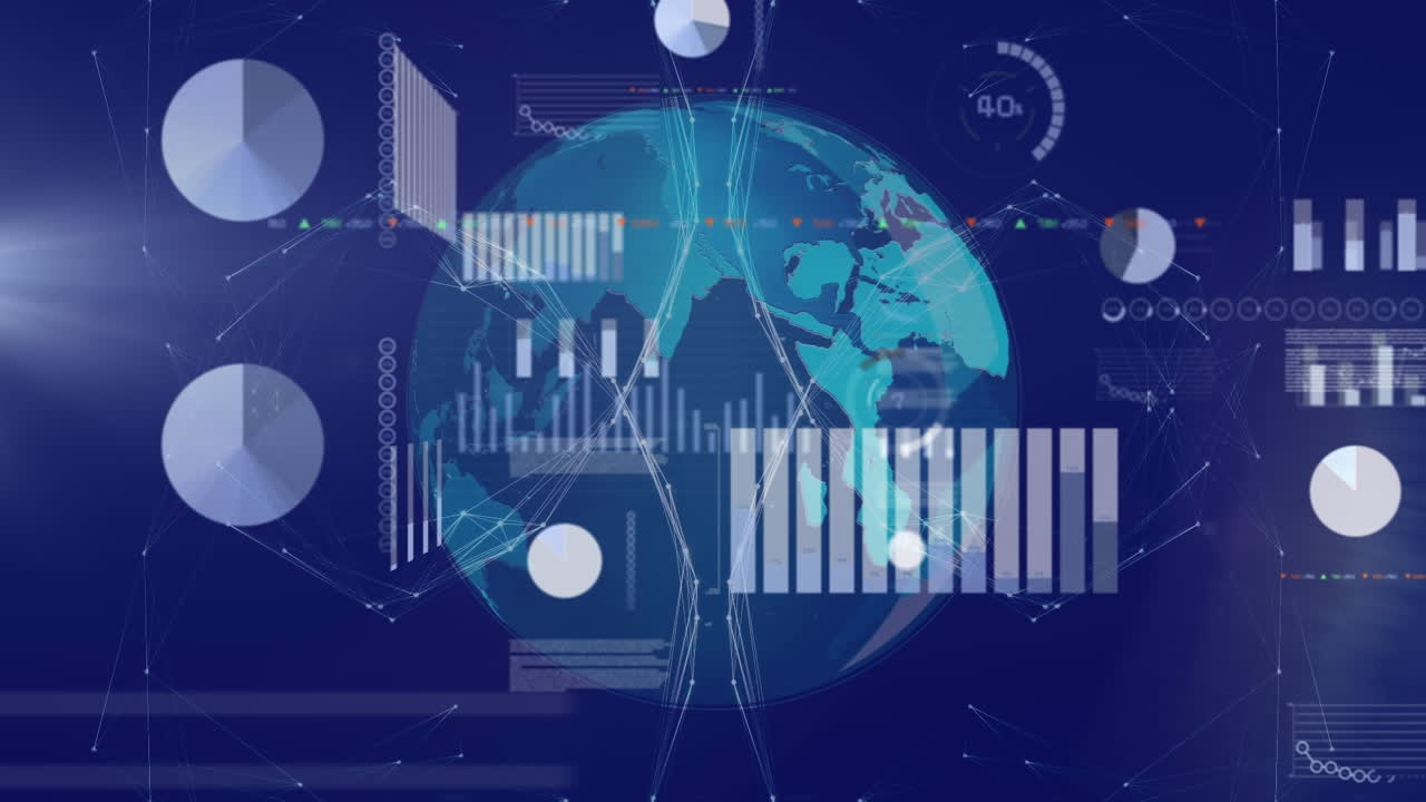 Animation of interface with statistical data processing over spinning globe against blue background