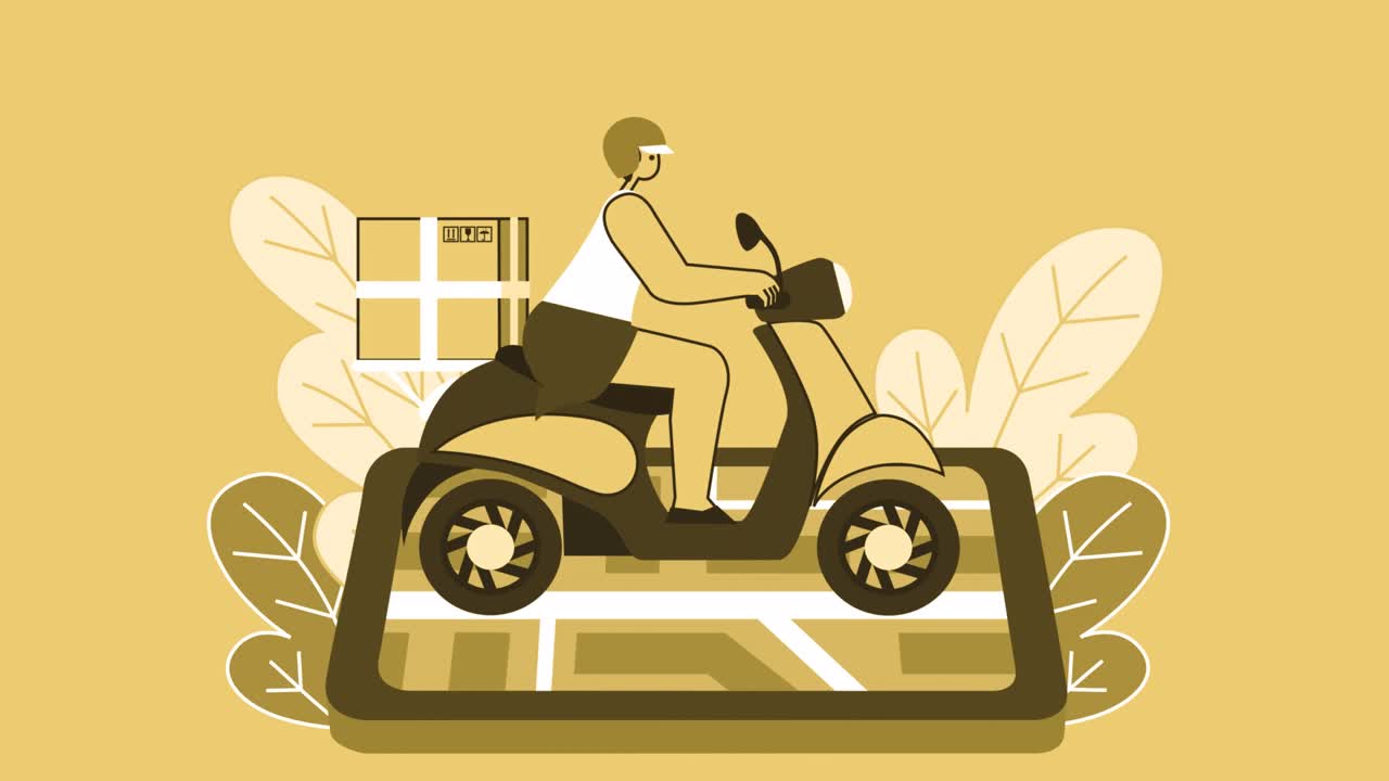 노란색 스타일의 여성 평평한 캐릭터 배달 스쿠터 또는 카드보드 상자와 함께 모페드. 알파 채널과 함께 고립 된 루프 애니메이션