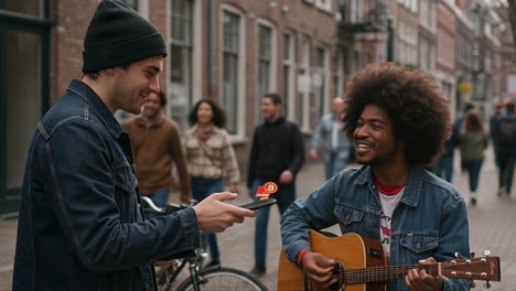 captivating street performance: two musicians engage in a joyful exchange of music and connection amidst a vibrant city atmosphere