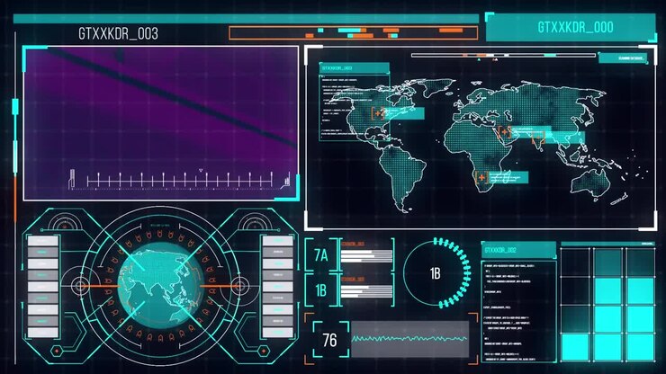 Digital animation of digital interface with data processing against black background