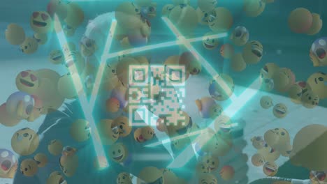 animación de iconos emoji y código qr sobre hombre caucásico usando teléfono inteligente.