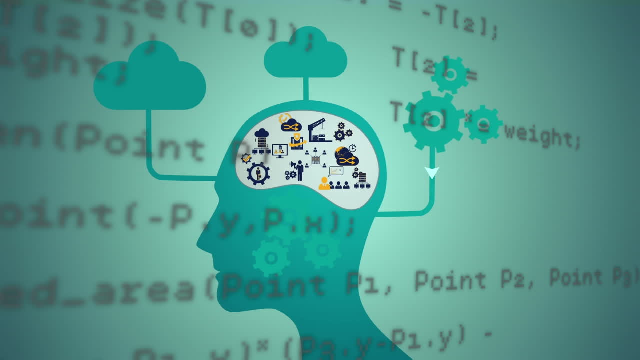 Animation of human head with digital icons, clouds and data processing