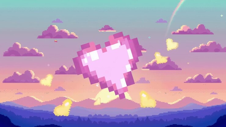 Tramonto animato in pixel art con cuori romantici fluttuanti