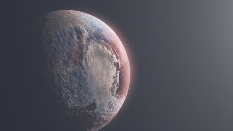 realistic view of dwarf planet pluto with detailed impact craters and sun haze