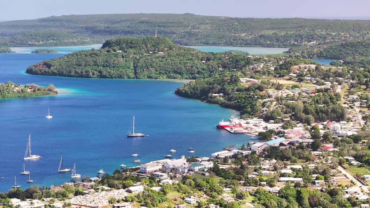 Beautiful drone panoramic of Neiafu city and Mt Talau. Vava'u island in Tonga. South Pacific
