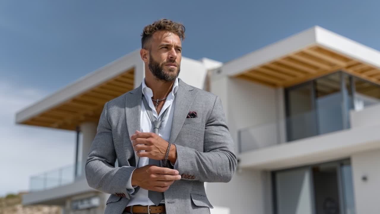 Uomo d'affari di successo e affascinante in elegante abito in piedi all'aperto davanti a un'architettura moderna.