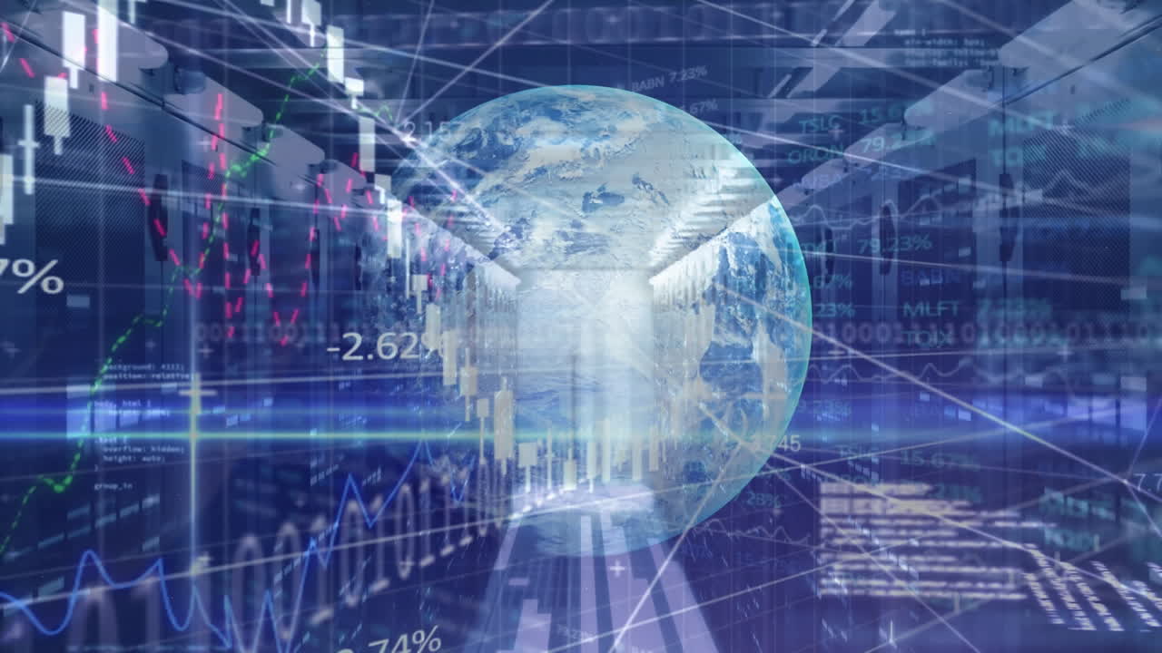 데이터 처리의 애니메이션과 파란색 배경 위의 지구