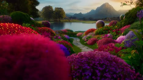 jardín encantado junto a un lago de montaña.