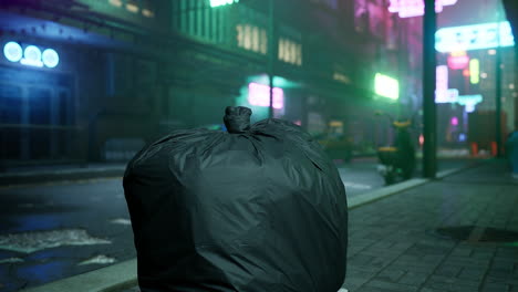 a trash bag sits on a sidewalk in a cyberpunk city at night.