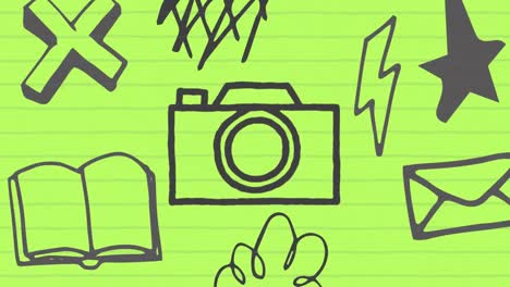 animation of black outline camera icon hand drawn with a marker with multiple drawn icons on green p