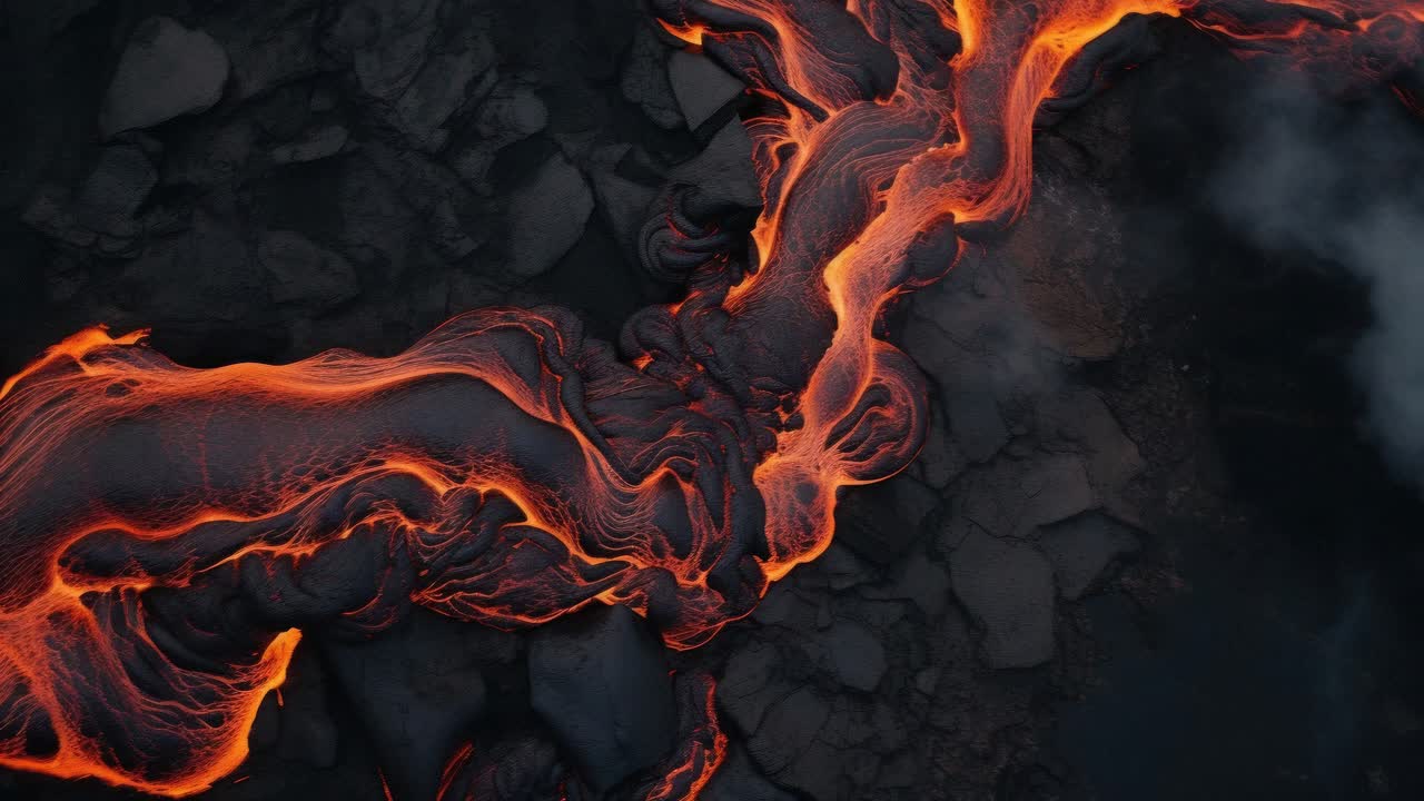 Vista aerea di lava incandescente con fumo, ripresa in uno stile cinematografico spettacolare