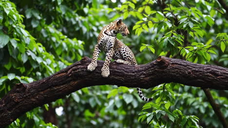 leopard resting on a tree branch in a lush green forest