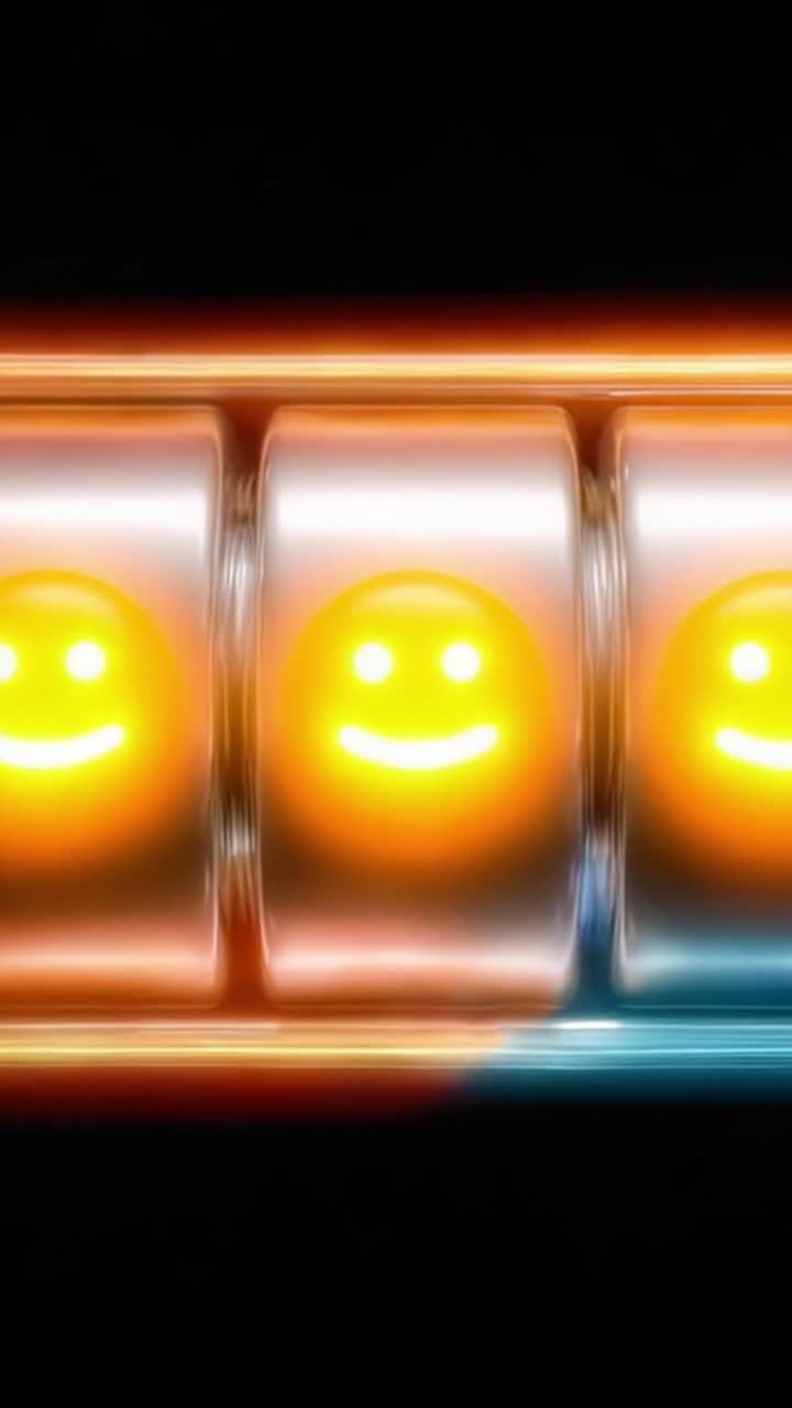 Un vibrante despliegue de iconos de caras sonrientes alegres en un dispositivo rodante, irradiando energía positiva y capturando la felicidad a través de colores brillantes y superficies reflectantes.