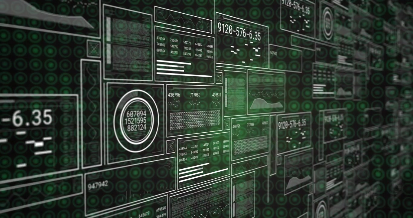 Vertical video: Sweeping green glow filling data wall panels and accenting gauges, showing scan