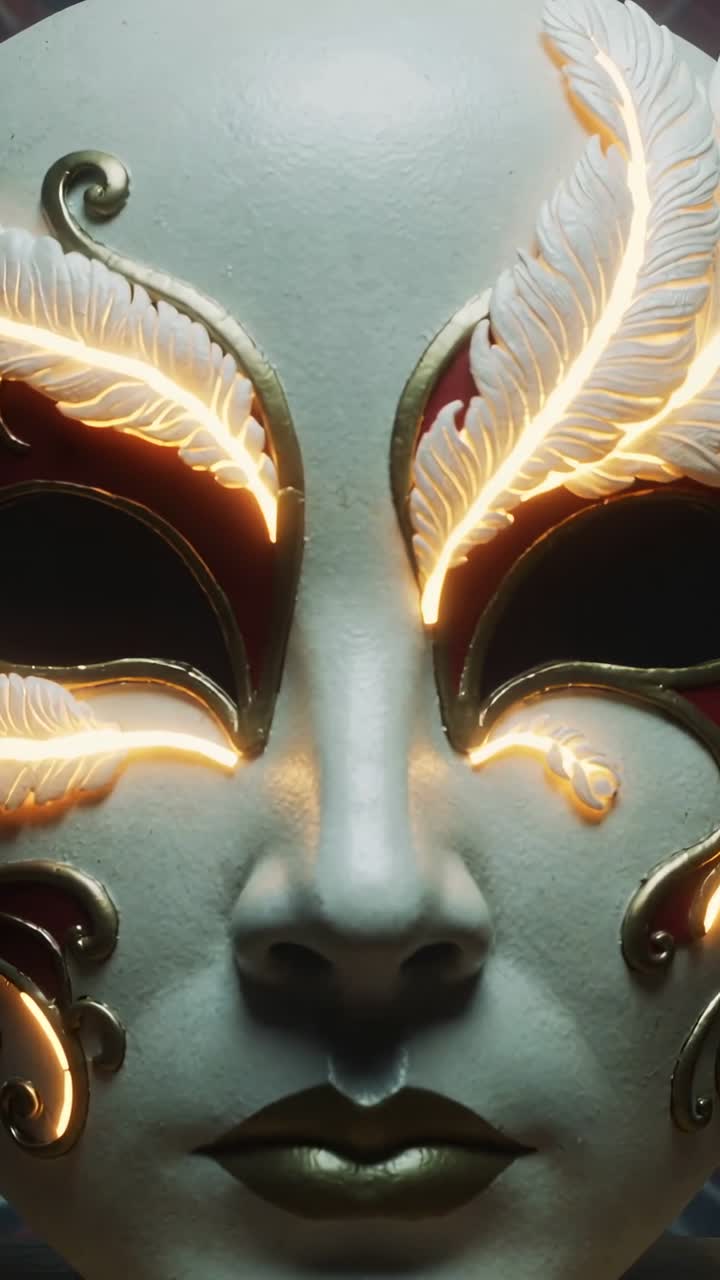 Video verticale: La telecamera inizia inquadrando una maschera in una galleria, mostrando motivi di piume illuminate e labbra dorate.