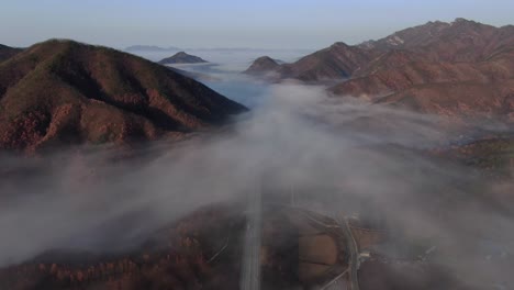 a foggy autumn highway scene