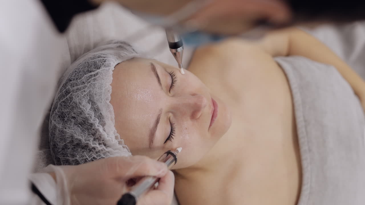Lekarz kosmetyk sprawia, że kobieta mikro prądy terapia twarzy za pomocą impulsów elektrycznych w salonie spa