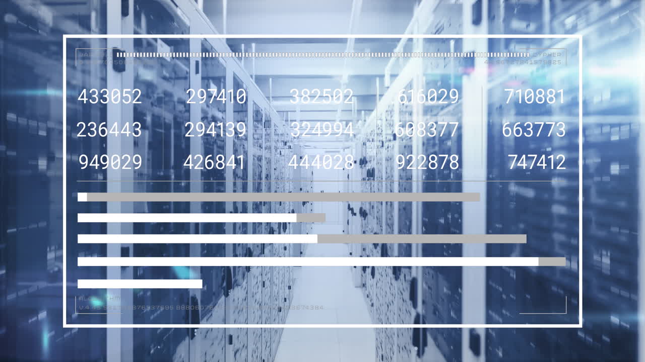 animación del procesamiento de datos financieros a través de la sala de servidores