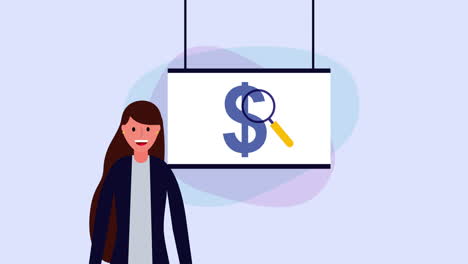 joven mujer de negocios con cartón y dinero
