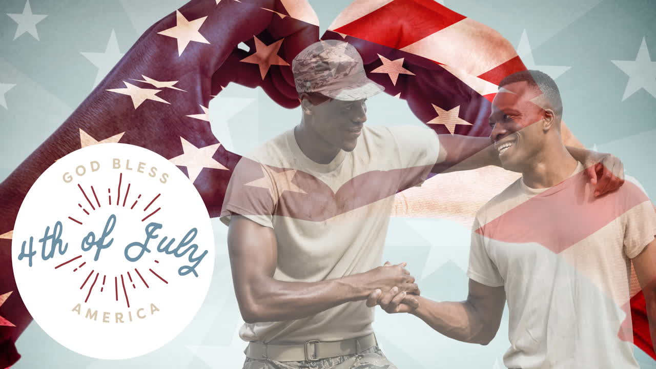 Animation of 4th of july text with male soldiers shaking hands over american flag