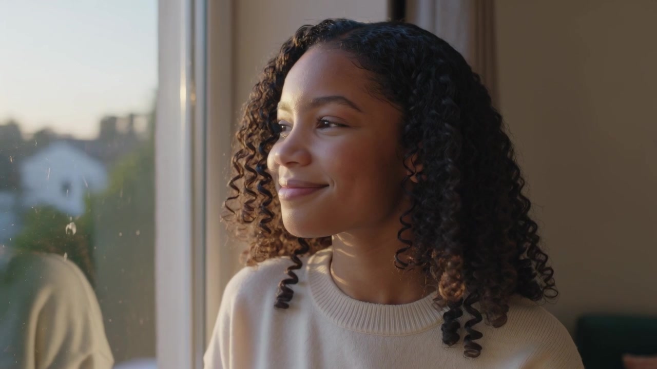 Noticing movement outside, teen in cream sweater turning toward view at window handle, smiling