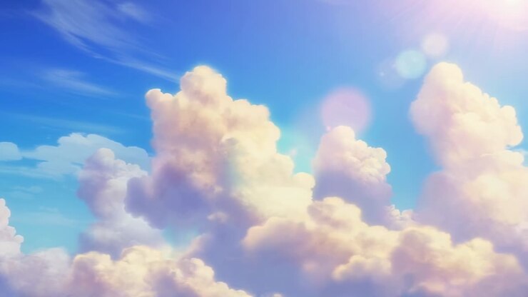 Fluffy White Clouds Moving Across a Bright Blue Sky with Sun Flare