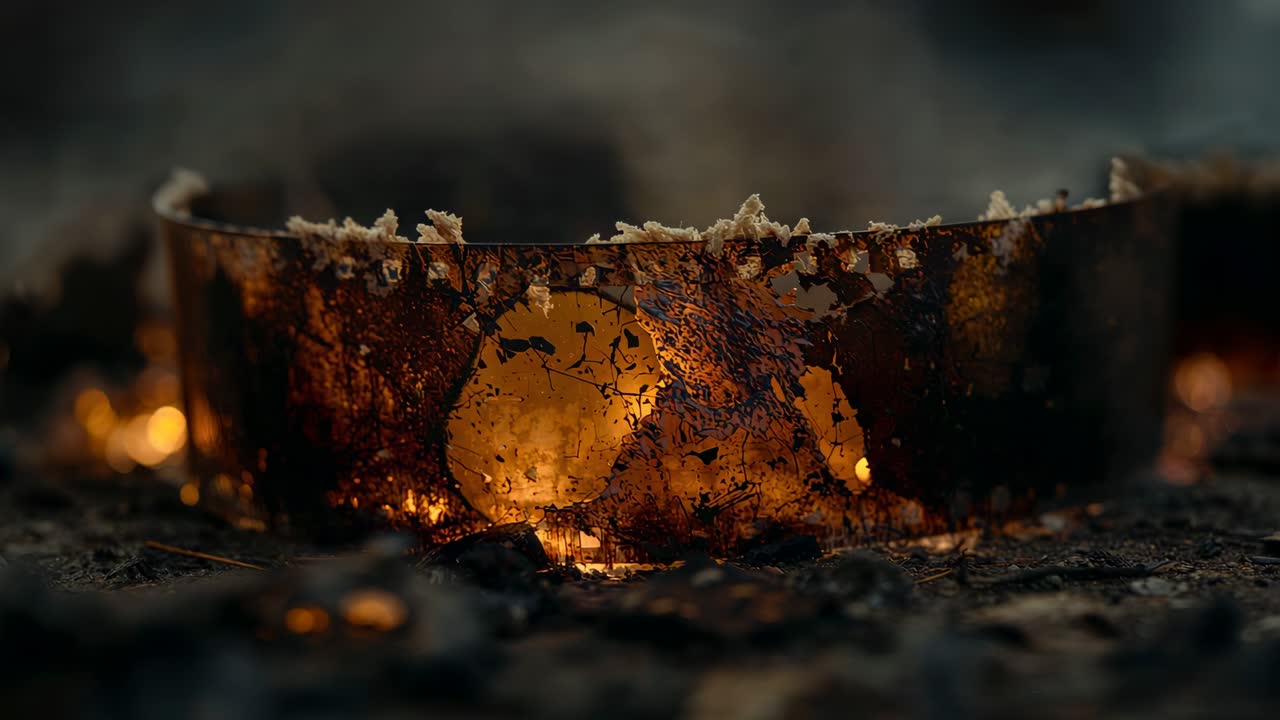 Fire igniting inside rusted ring with holes causing glowing on burnt ground, with flickering embers