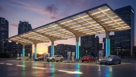 modern electric vehicle charging station at sunset with city skyline in background, showcasing renewable energy solutions and urban infrastructure