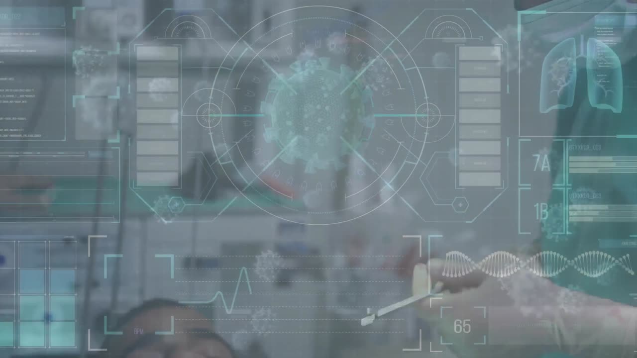 코카서스 위에 떠다니는 거대한 코로나19 세포와 함께 스 ⁇  스캐닝 및 통계를 보여주는 애니메이션