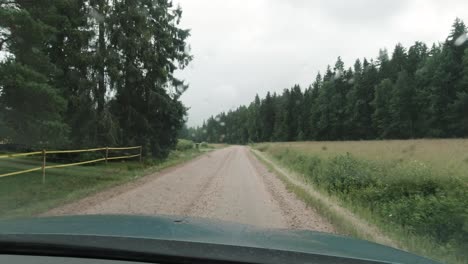 driving a car in the rain on a dirt road