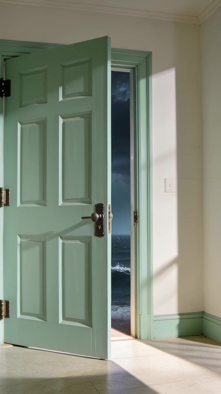 Vídeo vertical: Porta verde-menta fechando devido a uma rajada de tempestade em casa, revelando relâmpagos sobre o oceano