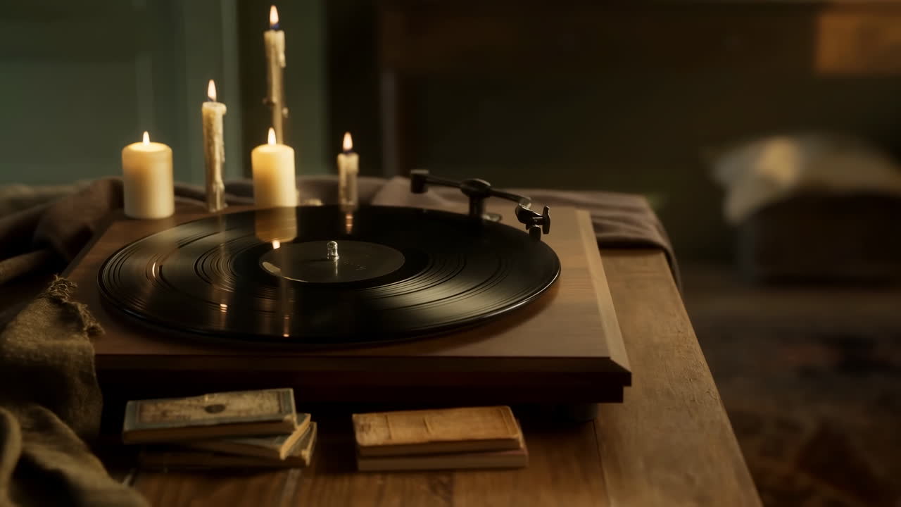 Disco in vinile su tavolo di legno, tremolio di luce soffusa di candela, giradischi vintage con puntina in posizione, custodie impilate