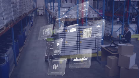 animación del procesamiento de datos en pantallas sobre diversas personas que trabajan en el almacén