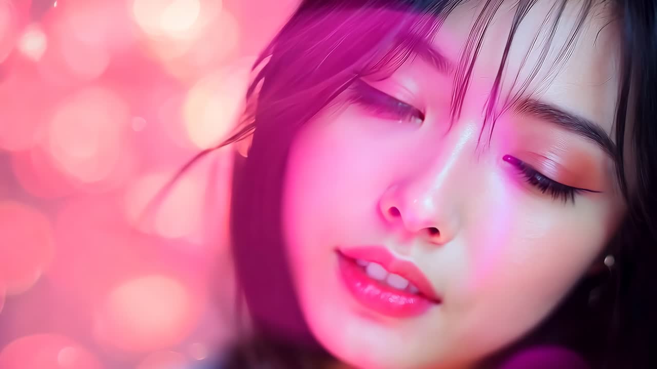 분홍색 머리카락과 분홍색 립스틱을 가진 여성의 클로즈업