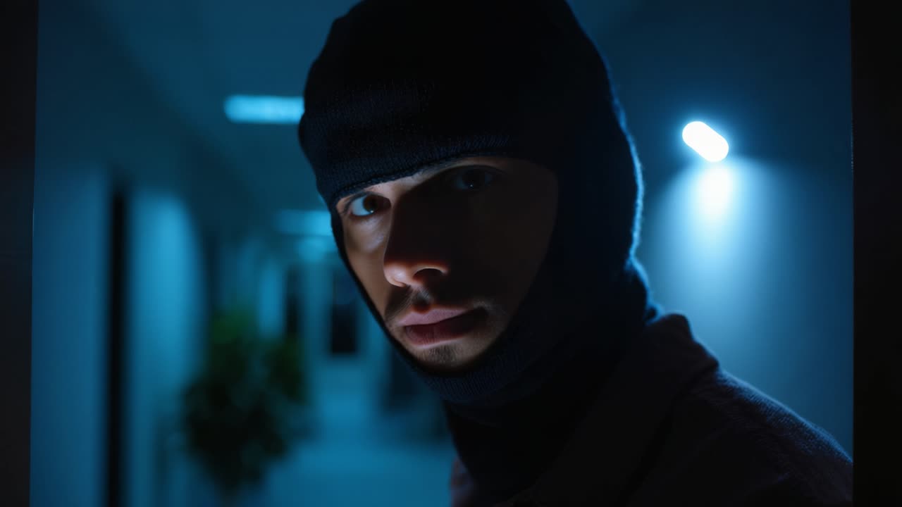 Eine mysteriöse Gestalt in einem schwach beleuchteten Flur: Die faszinierende Präsenz eines Mannes mit Sturmhaube, gehüllt in Schatten und Ungewissheit, erzeugt Spannung.